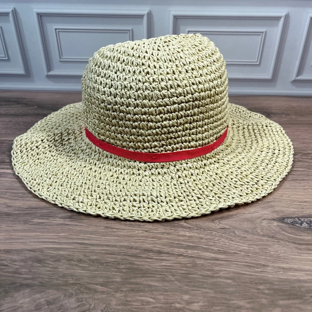 Gymboree Floppy Sun Hat Kids Beige Red Ribbon Bow Woven Straw Wide Brim M